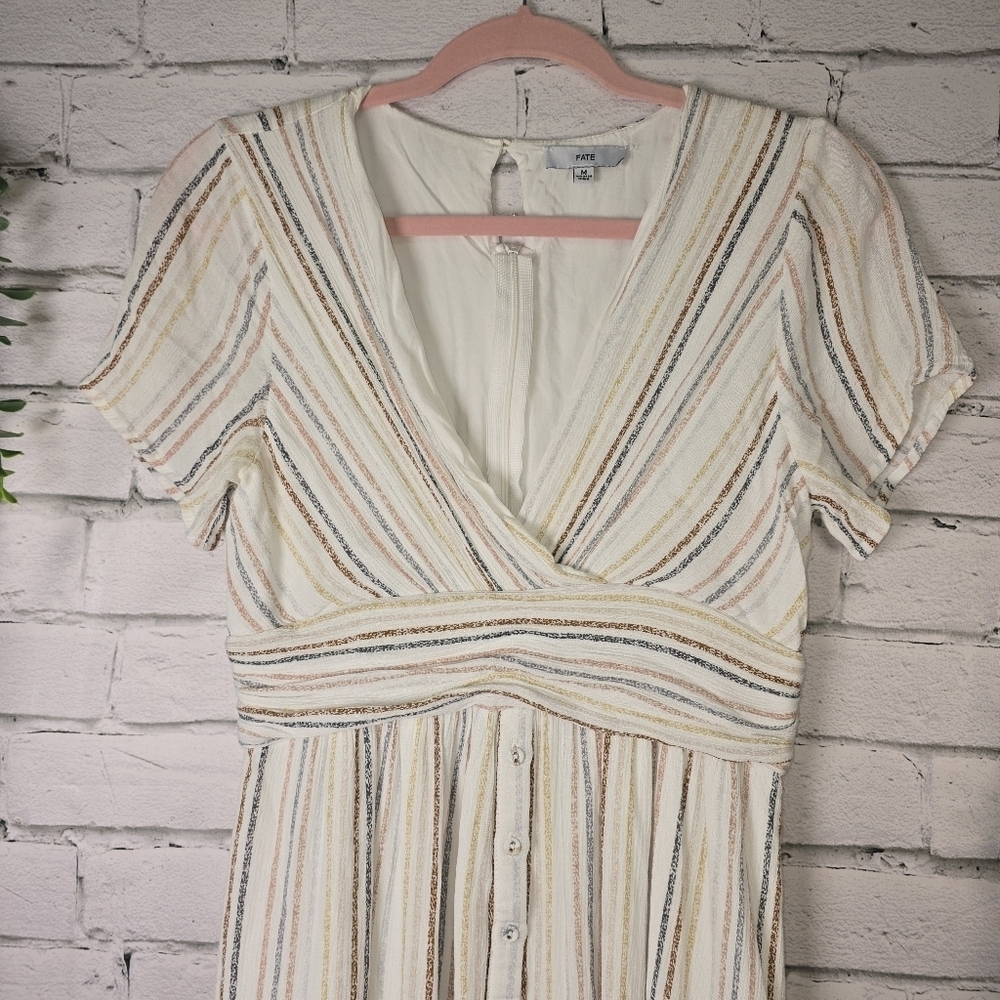 Fate White and Cream Flutter Sleeve V-Neck Sundress, ROUCHED WAISTLINE, SIZE MED
